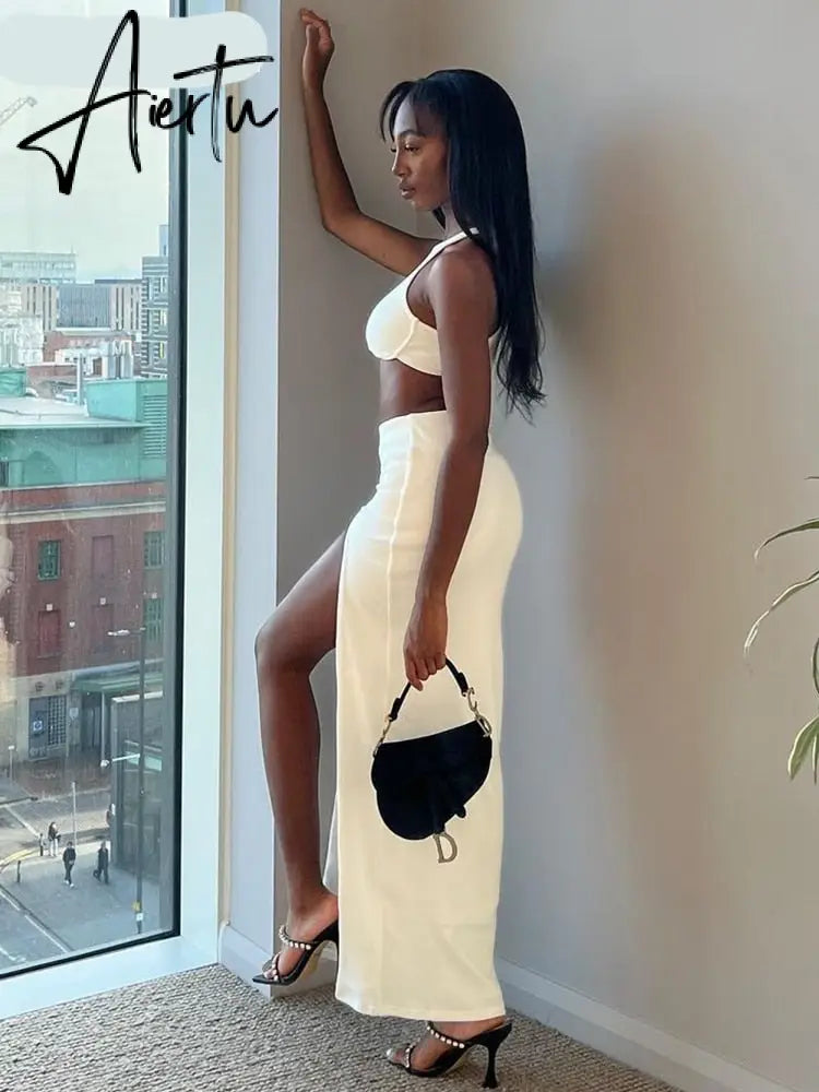 Aiertu Clubwear Sexy Slim Dress Set Women Holiday Basic Solid 2 Piece Sets Sleeveless Crop Tops High Waist Split Maxi Skirts Aiertu