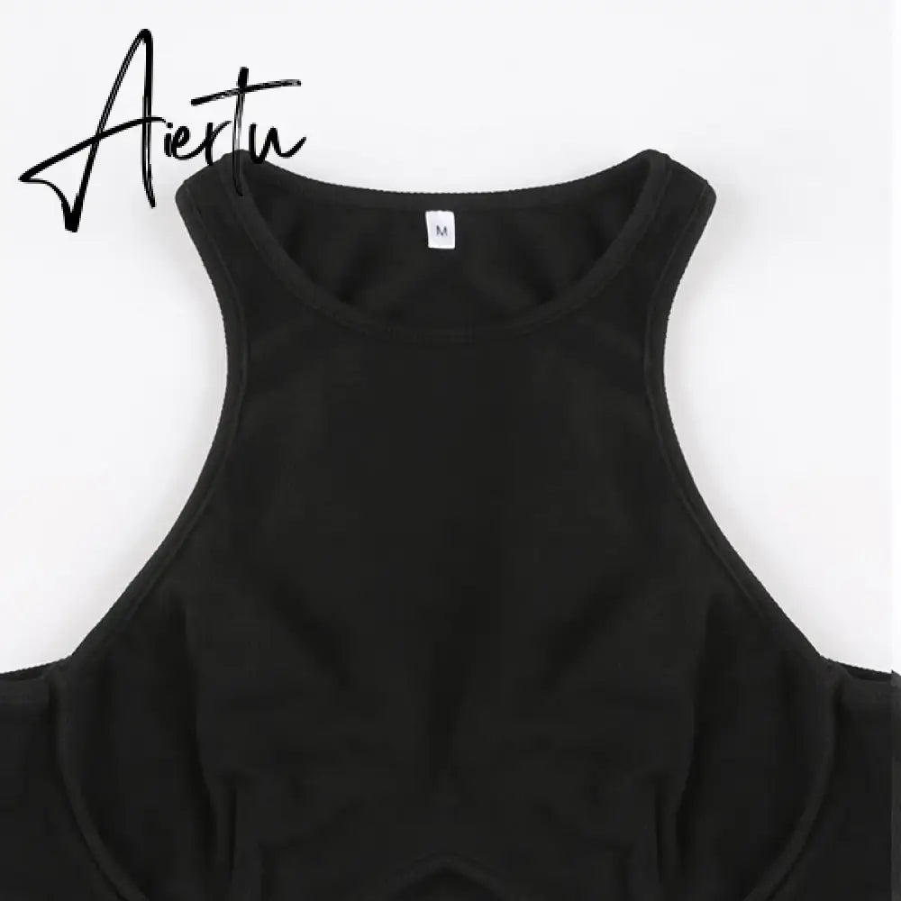 Aiertu Clubwear Sexy Slim Dress Set Women Holiday Basic Solid 2 Piece Sets Sleeveless Crop Tops High Waist Split Maxi Skirts Aiertu