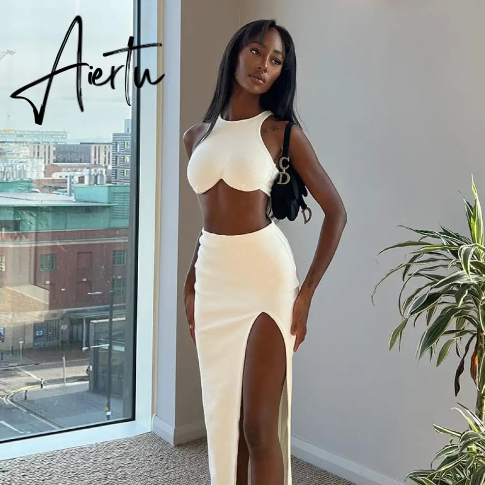 Aiertu Clubwear Sexy Slim Dress Set Women Holiday Basic Solid 2 Piece Sets Sleeveless Crop Tops High Waist Split Maxi Skirts Aiertu