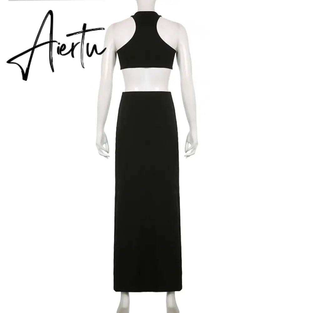 Aiertu Clubwear Sexy Slim Dress Set Women Holiday Basic Solid 2 Piece Sets Sleeveless Crop Tops High Waist Split Maxi Skirts Aiertu