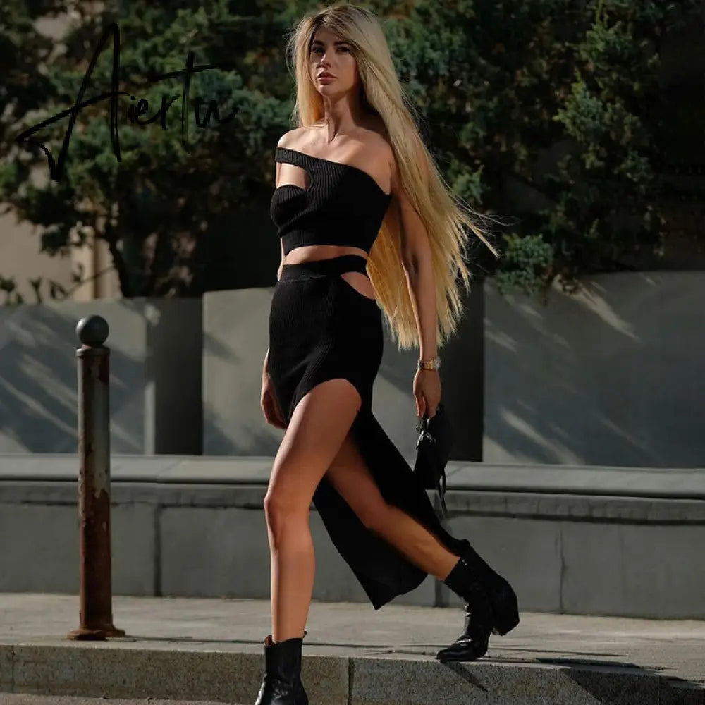 Aiertu Clubwear Sexy Slim Dress Set Women Holiday Basic Solid 2 Piece Sets Sleeveless Crop Tops High Waist Split Maxi Skirts Aiertu