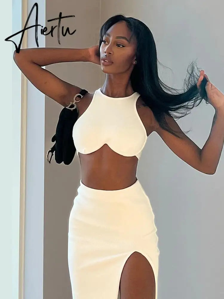 Aiertu Clubwear Sexy Slim Dress Set Women Holiday Basic Solid 2 Piece Sets Sleeveless Crop Tops High Waist Split Maxi Skirts Aiertu