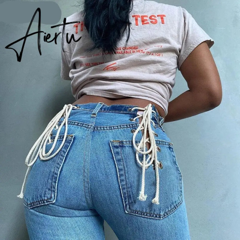 Aiertu Cotton Bandage Cut Out Sexy Y2K Jeans Autumn Winter Women Fashion Streetwear Outfits Denim Pants Trousers Aiertu