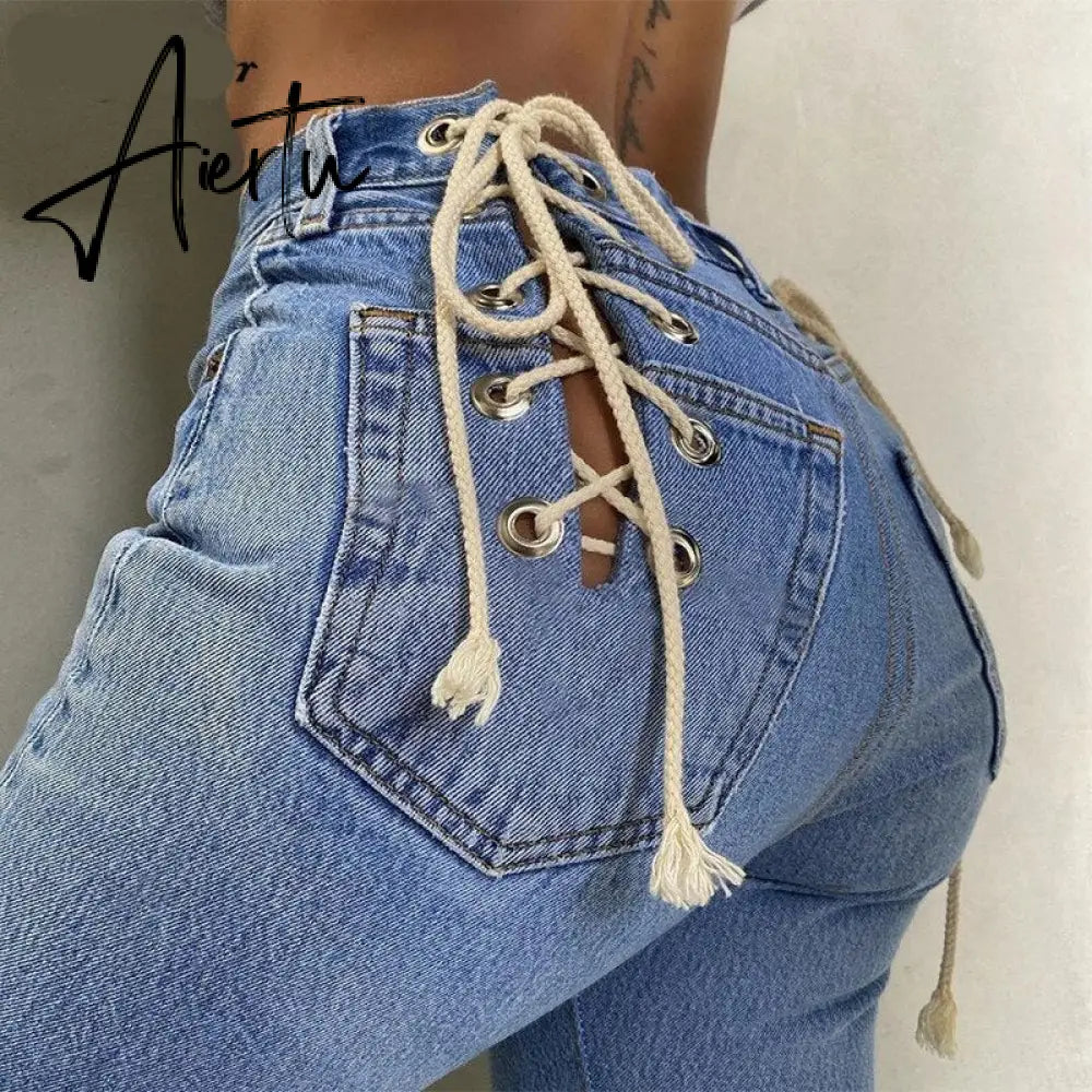 Aiertu Cotton Bandage Cut Out Sexy Y2K Jeans Autumn Winter Women Fashion Streetwear Outfits Denim Pants Trousers Aiertu