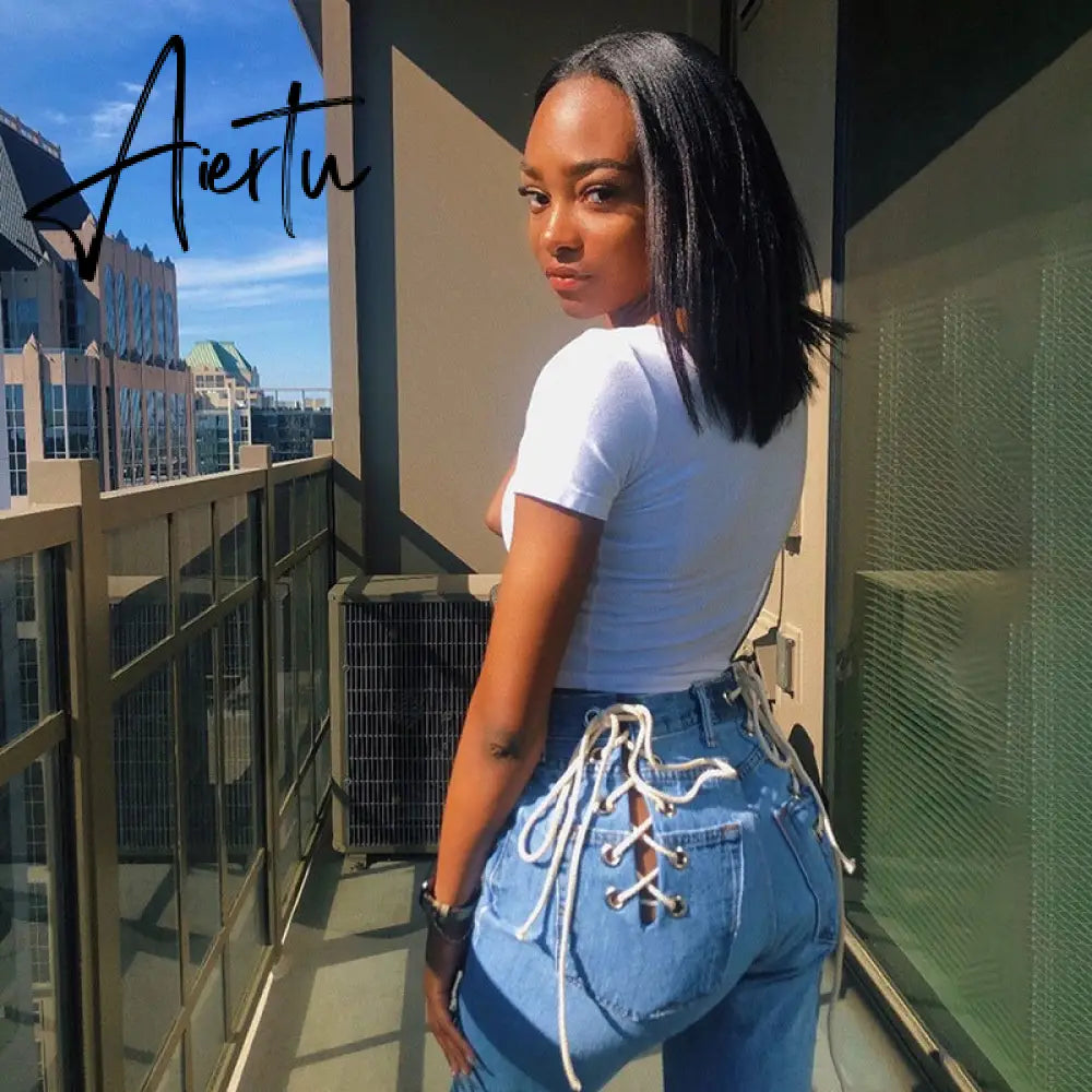 Aiertu Cotton Bandage Cut Out Sexy Y2K Jeans Autumn Winter Women Fashion Streetwear Outfits Denim Pants Trousers Aiertu