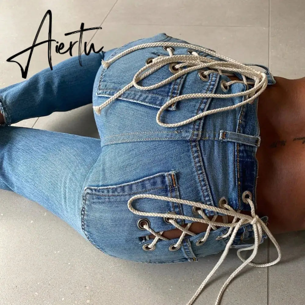 Aiertu Cotton Bandage Cut Out Sexy Y2K Jeans Autumn Winter Women Fashion Streetwear Outfits Denim Pants Trousers Aiertu