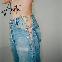 Aiertu Cotton Bandage Cut Out Sexy Y2K Jeans Autumn Winter Women Fashion Streetwear Outfits Denim Pants Trousers Aiertu