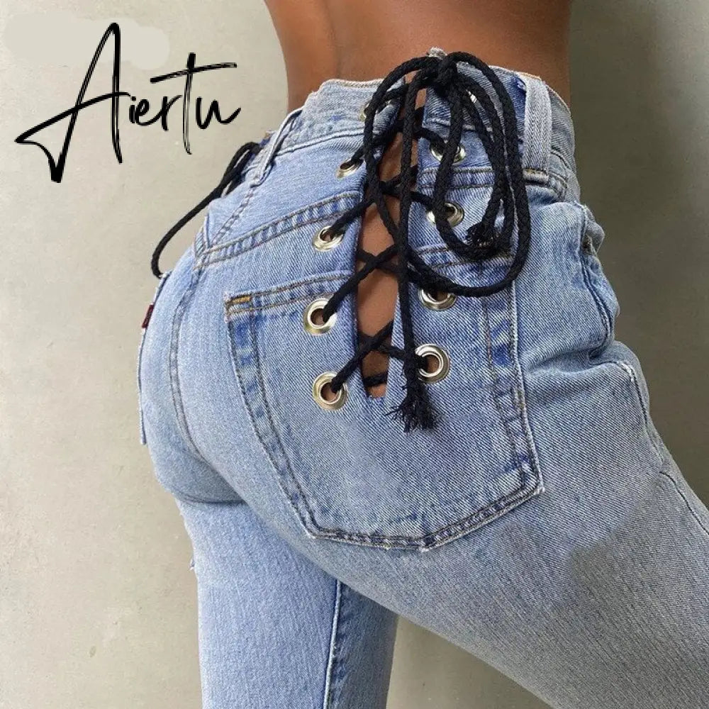 Aiertu Cotton Bandage Cut Out Sexy Y2K Jeans Autumn Winter Women Fashion Streetwear Outfits Denim Pants Trousers Aiertu