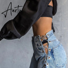 Aiertu Cotton Bandage Cut Out Sexy Y2K Jeans Autumn Winter Women Fashion Streetwear Outfits Denim Pants Trousers Aiertu