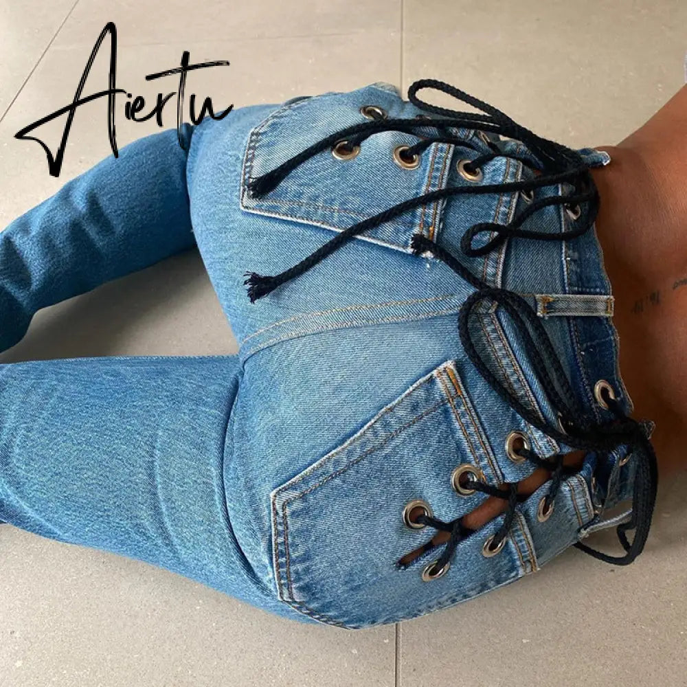 Aiertu Cotton Bandage Cut Out Sexy Y2K Jeans Autumn Winter Women Fashion Streetwear Outfits Denim Pants Trousers Aiertu