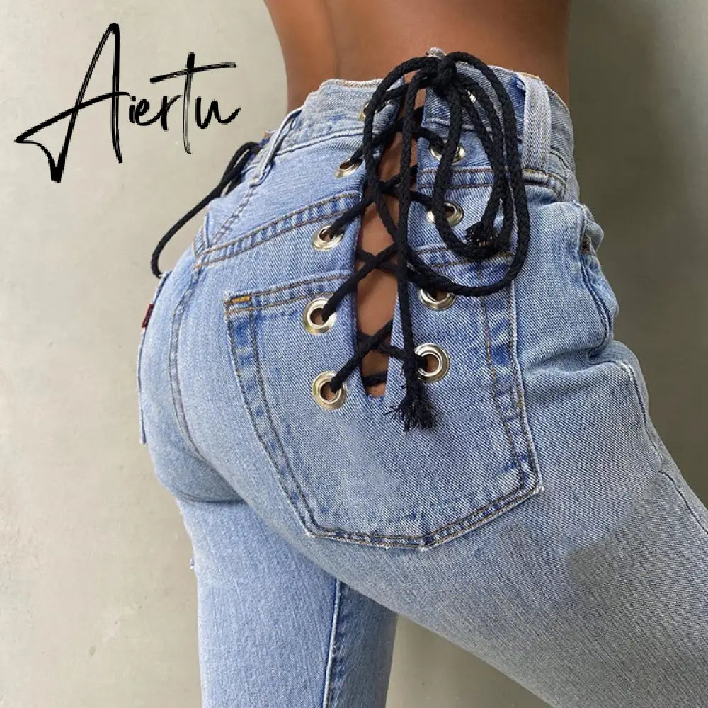Aiertu Cotton Bandage Cut Out Sexy Y2K Jeans Autumn Winter Women Fashion Streetwear Outfits Denim Pants Trousers Aiertu
