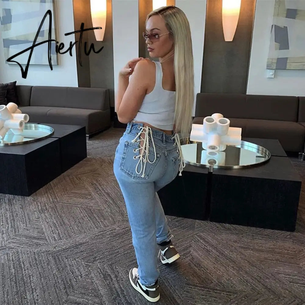 Aiertu Cotton Bandage Cut Out Sexy Y2K Jeans Autumn Winter Women Fashion Streetwear Outfits Denim Pants Trousers Aiertu