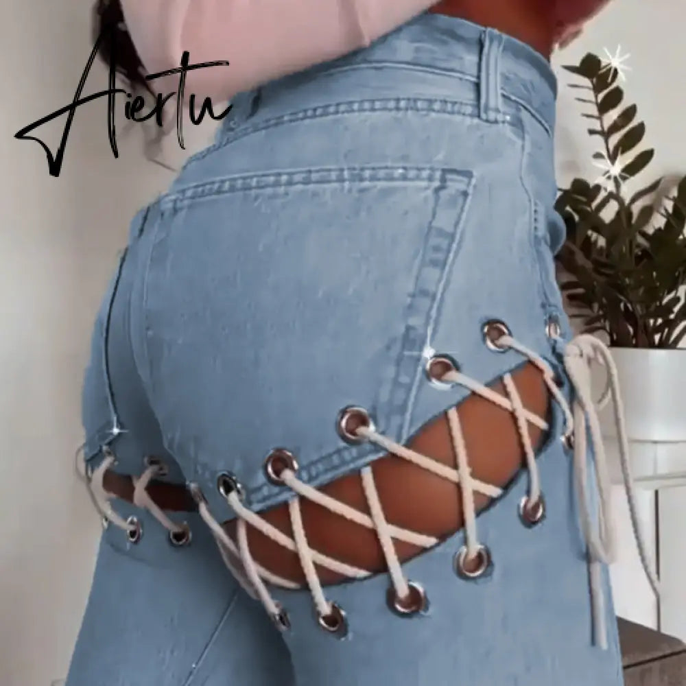 Aiertu Cotton Bandage Cut Out Sexy Y2K Jeans Autumn Winter Women Fashion Streetwear Outfits Denim Pants Trousers Aiertu