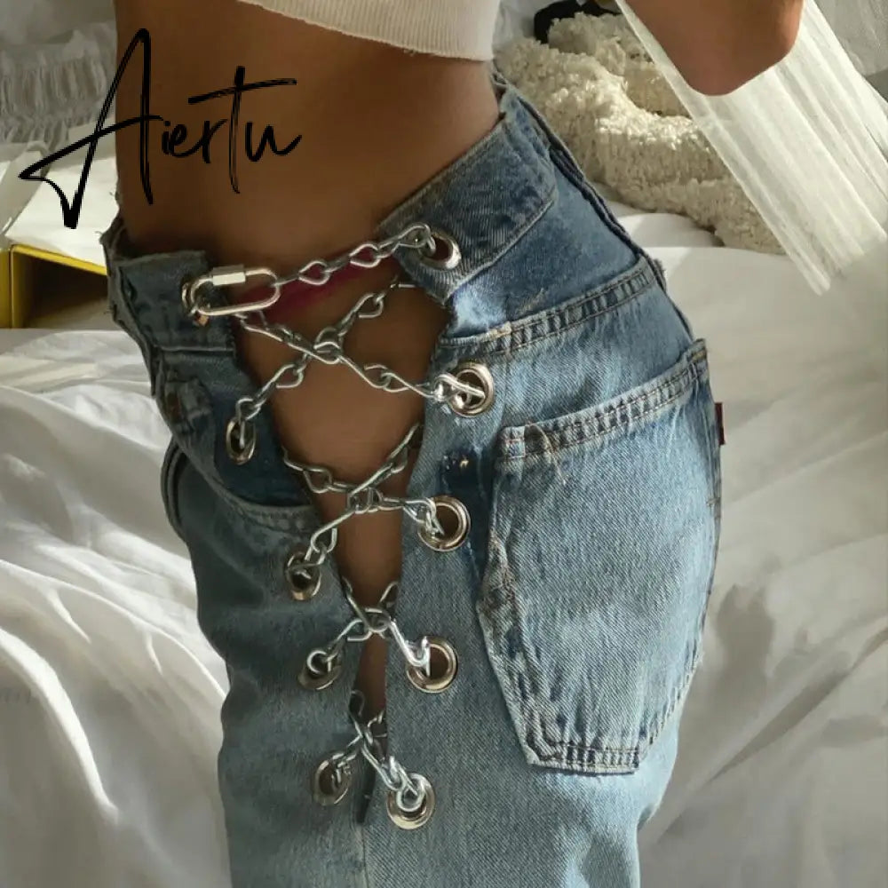 Aiertu Cotton Bandage Cut Out Sexy Y2K Jeans Autumn Winter Women Fashion Streetwear Outfits Denim Pants Trousers Aiertu