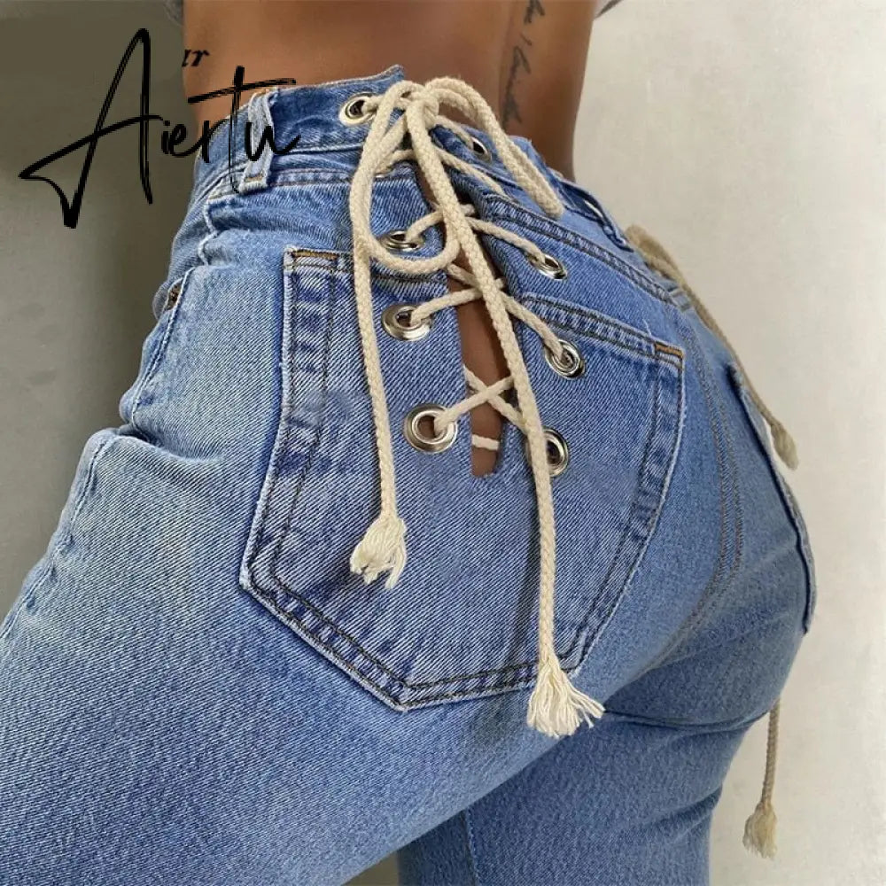 Aiertu Cotton Bandage Cut Out Sexy Y2K Jeans Autumn Winter Women Fashion Streetwear Outfits Denim Pants Trousers Aiertu