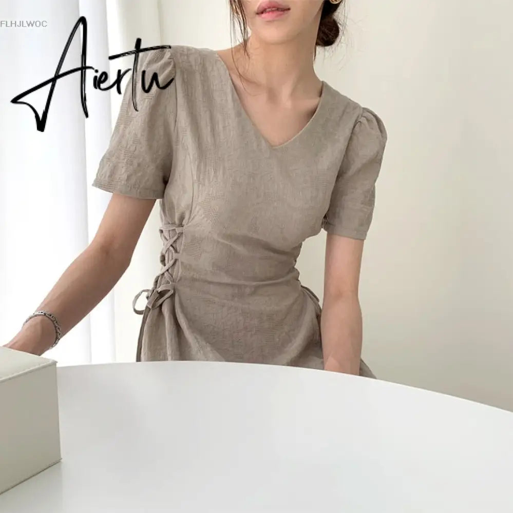 Aiertu Cotton Linen Long Dress Summer Slim Waist A Line Temperament Lady Retro Vintage Cute Korean Chic Women Dresses Vestidos Aiertu