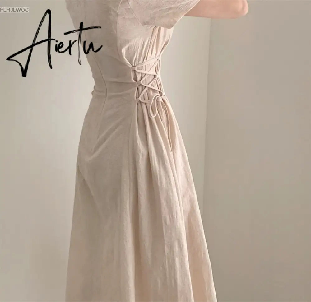 Aiertu Cotton Linen Long Dress Summer Slim Waist A Line Temperament Lady Retro Vintage Cute Korean Chic Women Dresses Vestidos Aiertu