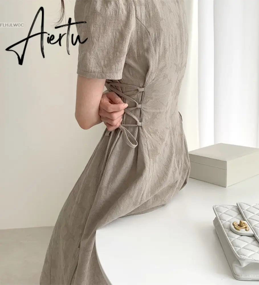 Aiertu Cotton Linen Long Dress Summer Slim Waist A Line Temperament Lady Retro Vintage Cute Korean Chic Women Dresses Vestidos Aiertu
