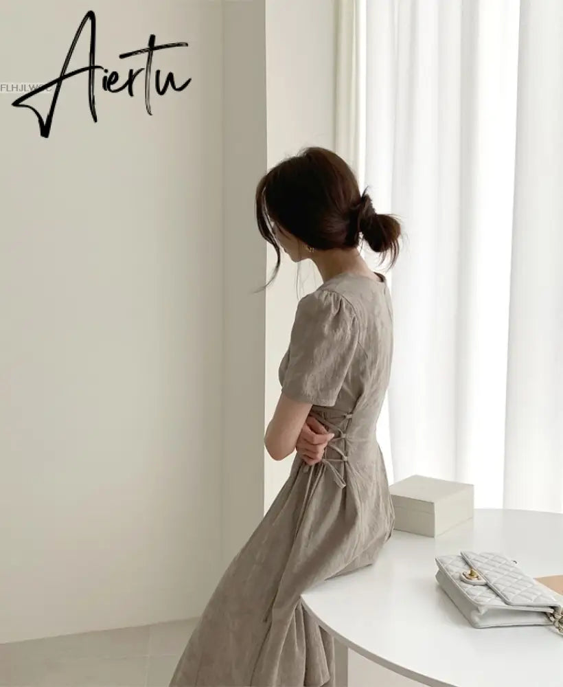 Aiertu Cotton Linen Long Dress Summer Slim Waist A Line Temperament Lady Retro Vintage Cute Korean Chic Women Dresses Vestidos Aiertu