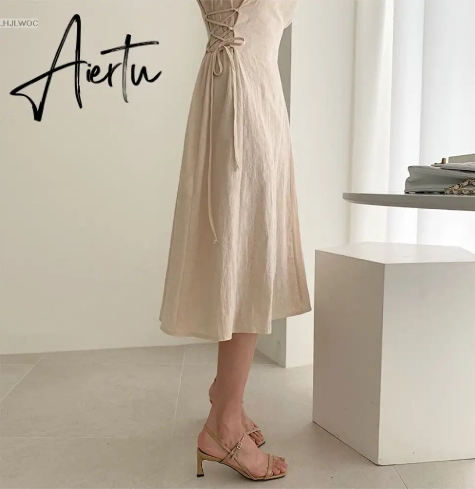 Aiertu Cotton Linen Long Dress Summer Slim Waist A Line Temperament Lady Retro Vintage Cute Korean Chic Women Dresses Vestidos Aiertu