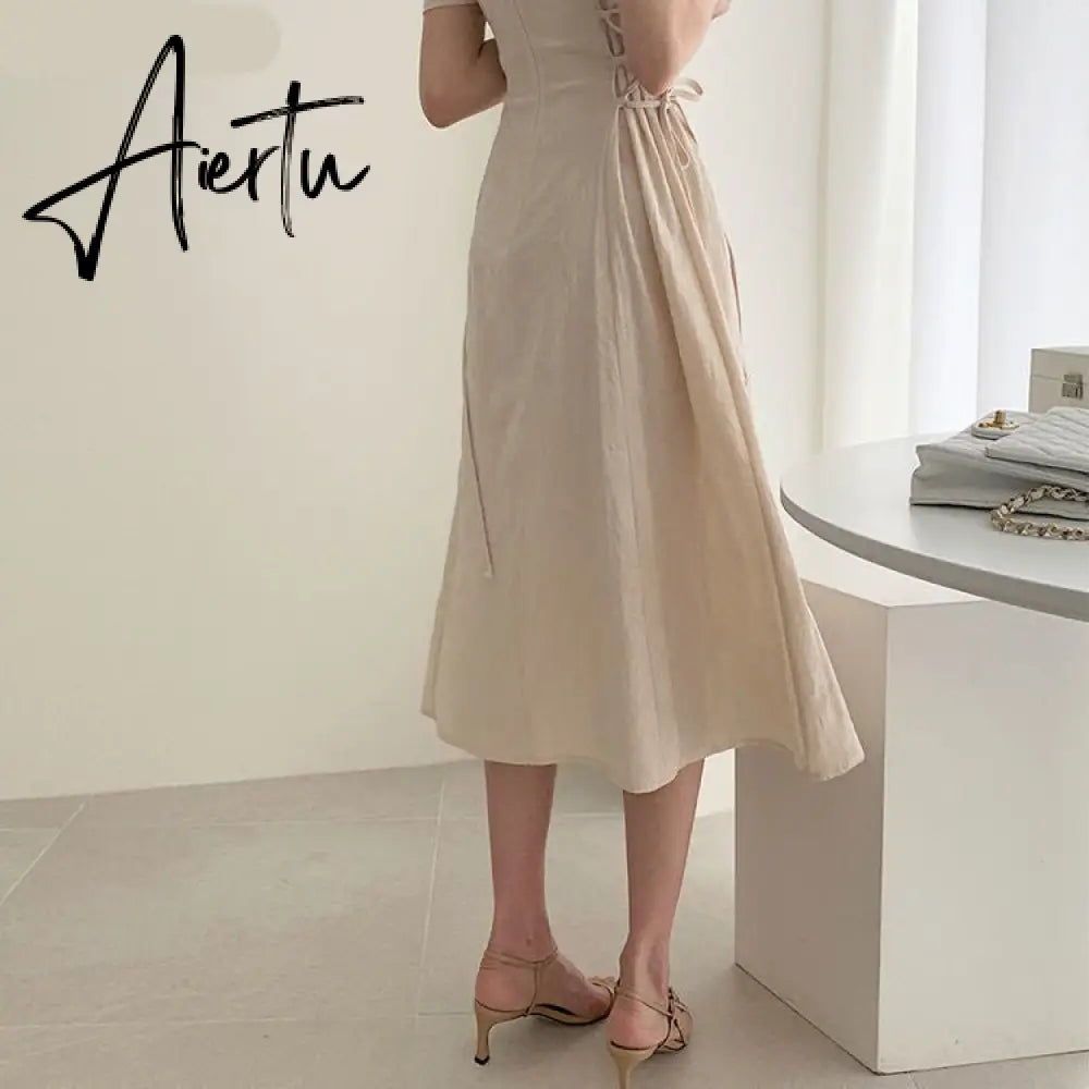 Aiertu Cotton Linen Long Dress Summer Slim Waist A Line Temperament Lady Retro Vintage Cute Korean Chic Women Dresses Vestidos Aiertu