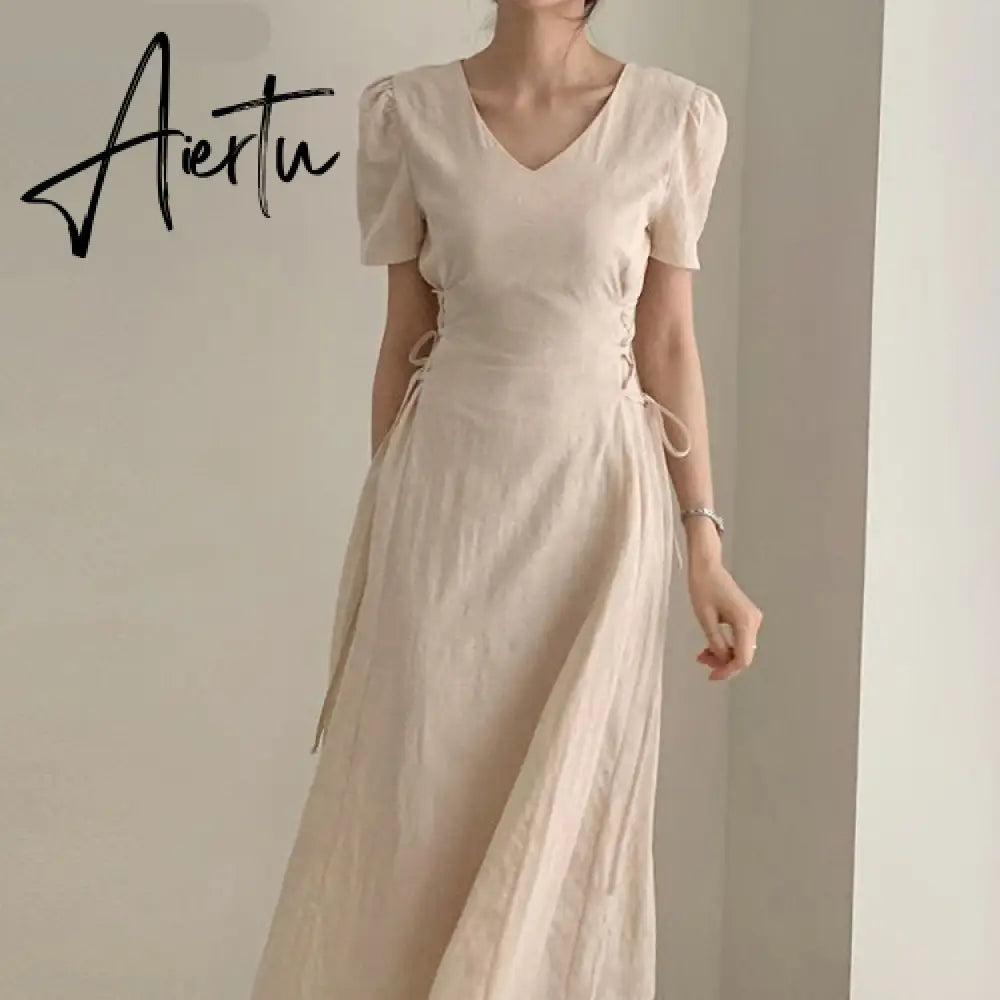Aiertu Cotton Linen Long Dress Summer Slim Waist A Line Temperament Lady Retro Vintage Cute Korean Chic Women Dresses Vestidos Aiertu