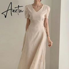 Aiertu Cotton Linen Long Dress Summer Slim Waist A Line Temperament Lady Retro Vintage Cute Korean Chic Women Dresses Vestidos Aiertu