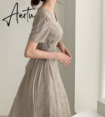 Aiertu Cotton Linen Long Dress Summer Slim Waist A Line Temperament Lady Retro Vintage Cute Korean Chic Women Dresses Vestidos Aiertu