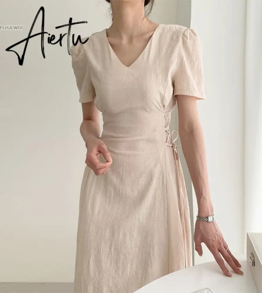 Aiertu Cotton Linen Long Dress Summer Slim Waist A Line Temperament Lady Retro Vintage Cute Korean Chic Women Dresses Vestidos Aiertu