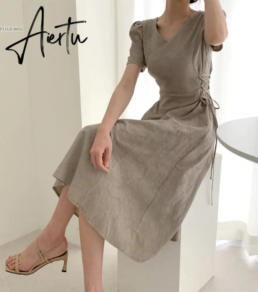Aiertu Cotton Linen Long Dress Summer Slim Waist A Line Temperament Lady Retro Vintage Cute Korean Chic Women Dresses Vestidos Aiertu