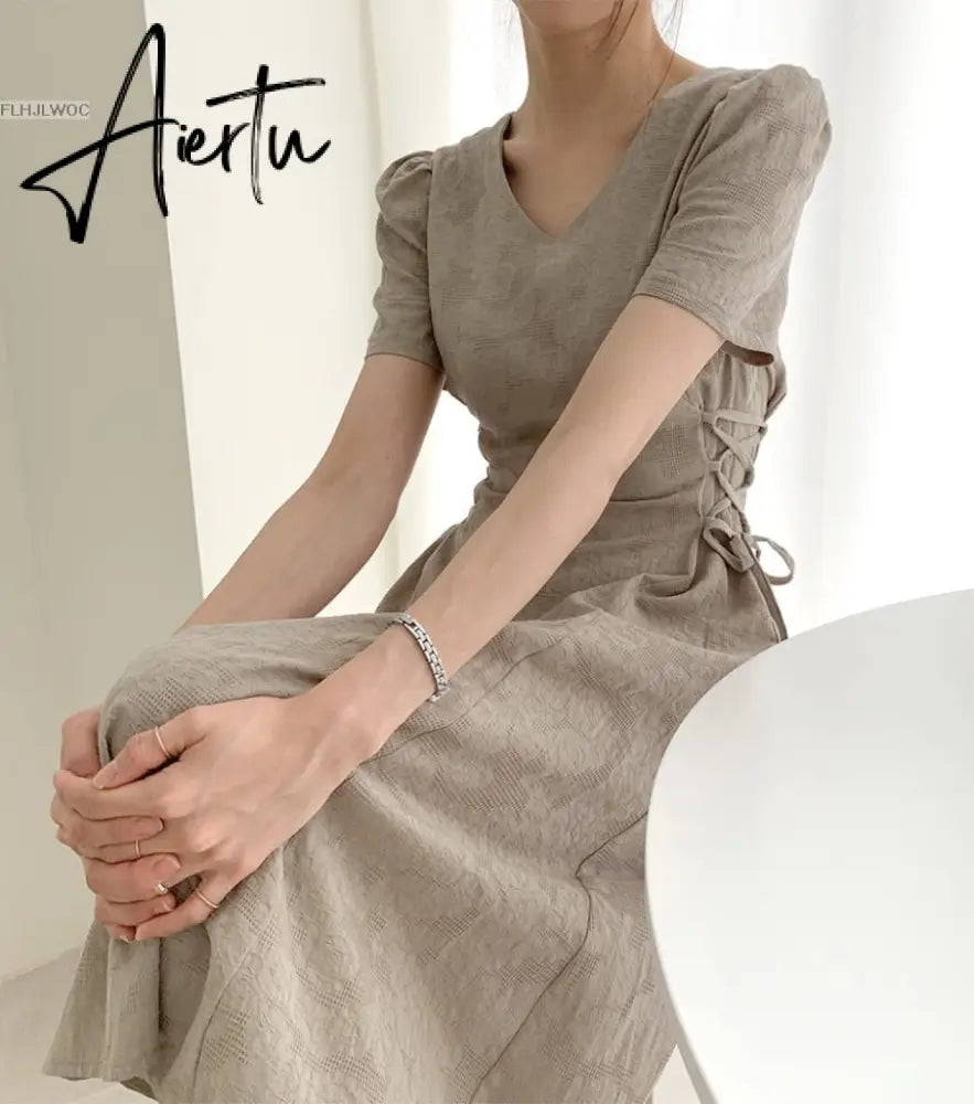 Aiertu Cotton Linen Long Dress Summer Slim Waist A Line Temperament Lady Retro Vintage Cute Korean Chic Women Dresses Vestidos Aiertu
