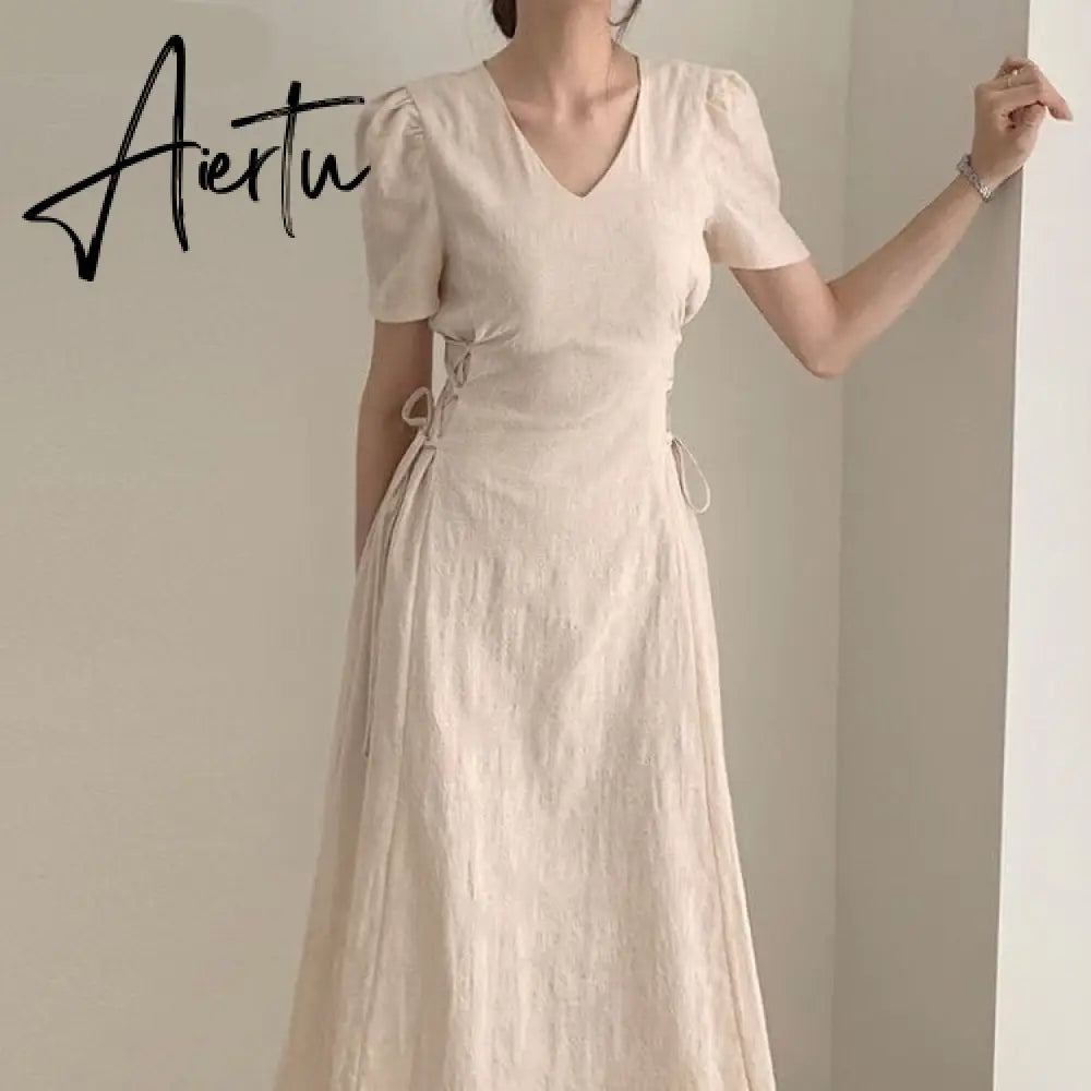 Aiertu Cotton Linen Long Dress Summer Slim Waist A Line Temperament Lady Retro Vintage Cute Korean Chic Women Dresses Vestidos Aiertu