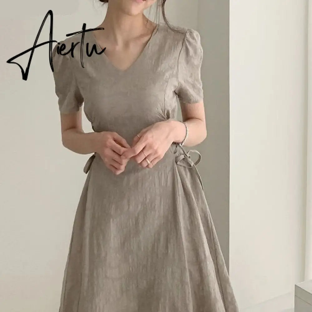 Aiertu Cotton Linen Long Dress Summer Slim Waist A Line Temperament Lady Retro Vintage Cute Korean Chic Women Dresses Vestidos Aiertu