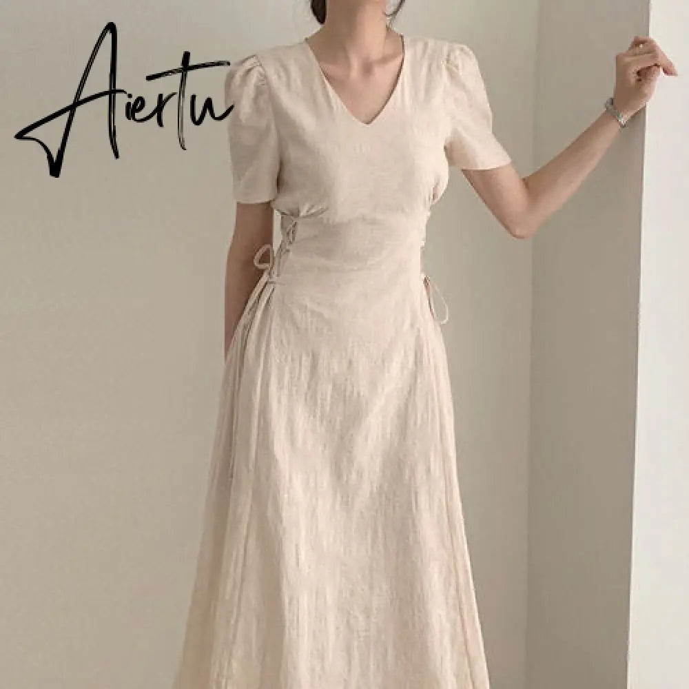 Aiertu Cotton Linen Long Dress Summer Slim Waist A Line Temperament Lady Retro Vintage Cute Korean Chic Women Dresses Vestidos Aiertu