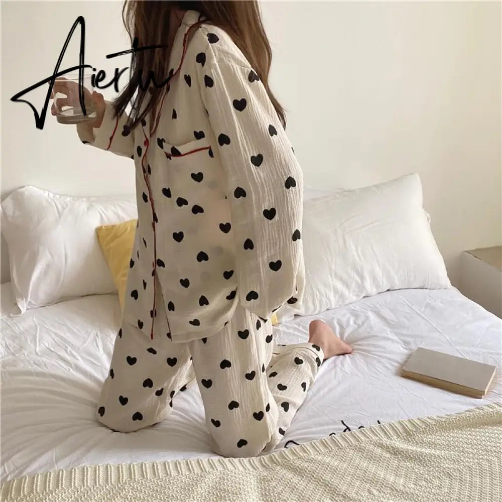 Aiertu  Cotton Pajamas for Women Korean Sleepwear Heart Print Pijama Female Set Woman 2 Pieces Nightwear Autumn Pyjama Long Sleeve Aiertu