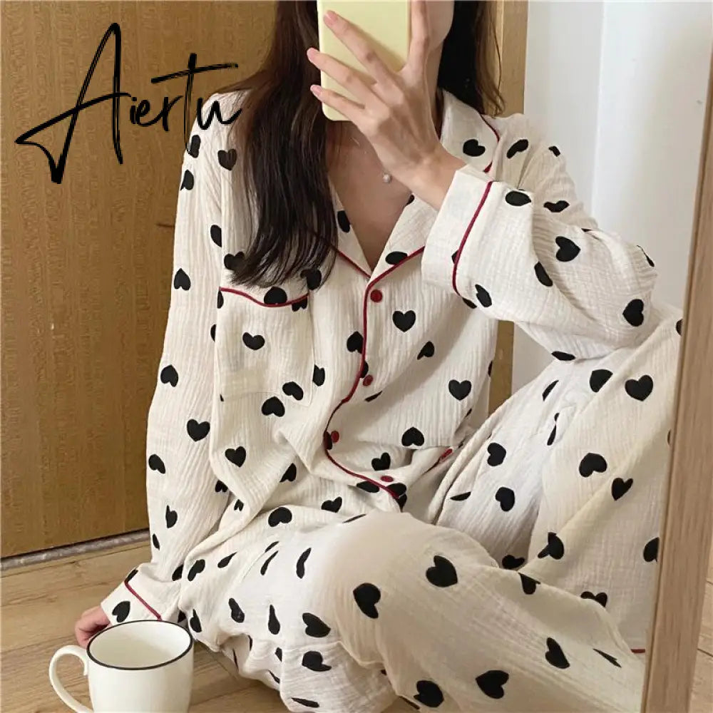 Aiertu  Cotton Pajamas for Women Korean Sleepwear Heart Print Pijama Female Set Woman 2 Pieces Nightwear Autumn Pyjama Long Sleeve Aiertu
