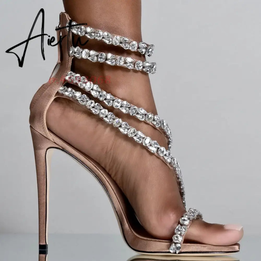 Aiertu  Crystal Straps Women Sandals Back Zipper High Thin Heels Ankle Wrap Sandals Narrow Band Sweet Fashion Casual Party Female Pumps Aiertu