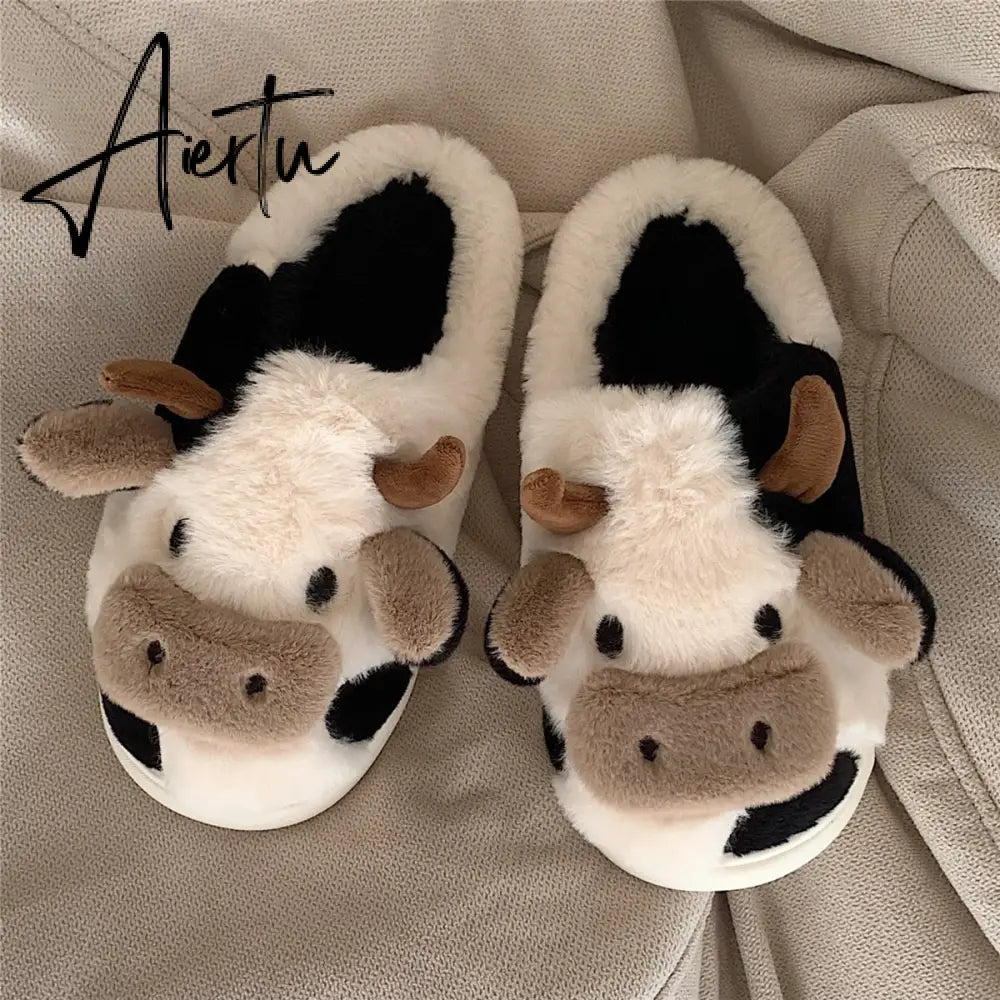 Aiertu Cute Animal Slipper For Women Girls Fashion Kawaii Fluffy Winter Warm Slippers Woman Cartoon Milk Cow House Slippers Funny Shoes Aiertu