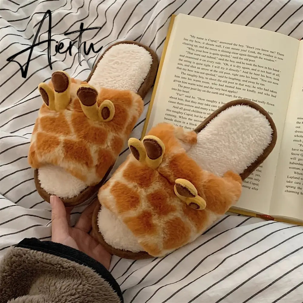 Aiertu Cute Animal Slipper For Women Girls Fashion Kawaii Fluffy Winter Warm Slippers Woman Cartoon Milk Cow House Slippers Funny Shoes Aiertu