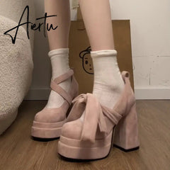 Aiertu Designer Platform Women Mary Jane Shoes Ladies Fashion Cross-tied Thick High Heel Footwear Women's Elegant Dress Pumps Shoes Aiertu