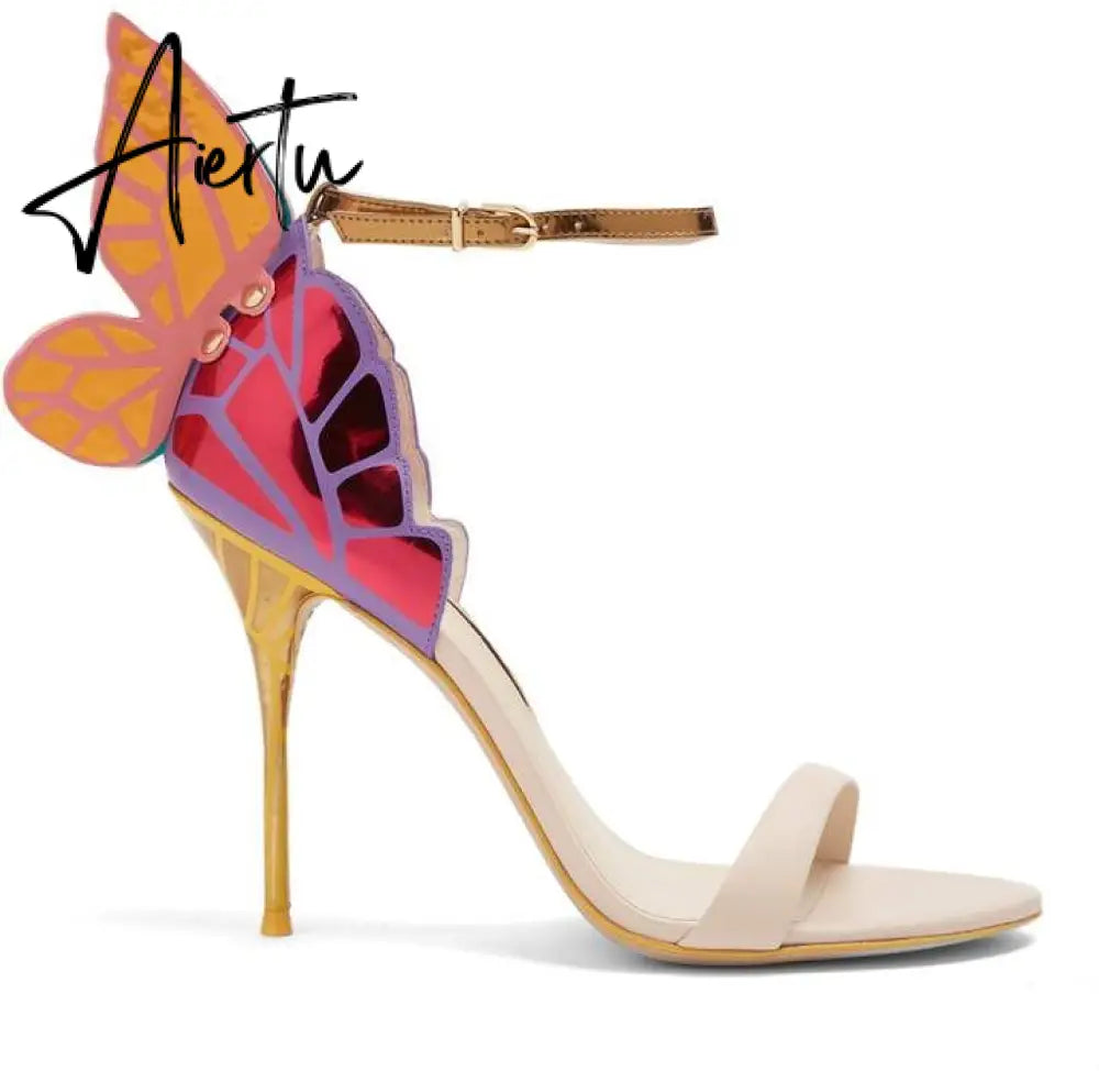 Aiertu Designer Shoes Women Luxury Buty Damskie Butterfly Heels Sandals Ladies Metallic Leather High Heel Dress Wedding Sandals Aiertu
