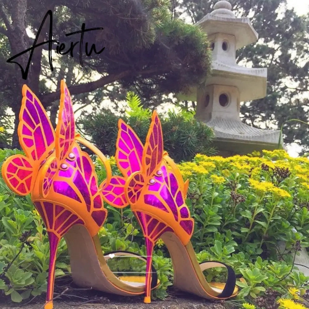 Aiertu Designer Shoes Women Luxury Buty Damskie Butterfly Heels Sandals Ladies Metallic Leather High Heel Dress Wedding Sandals Aiertu