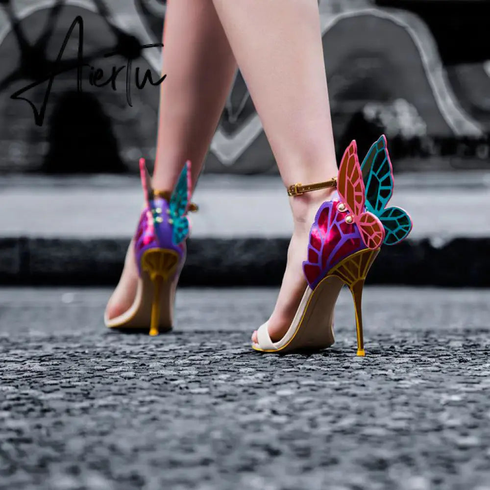 Aiertu Designer Shoes Women Luxury Buty Damskie Butterfly Heels Sandals Ladies Metallic Leather High Heel Dress Wedding Sandals Aiertu
