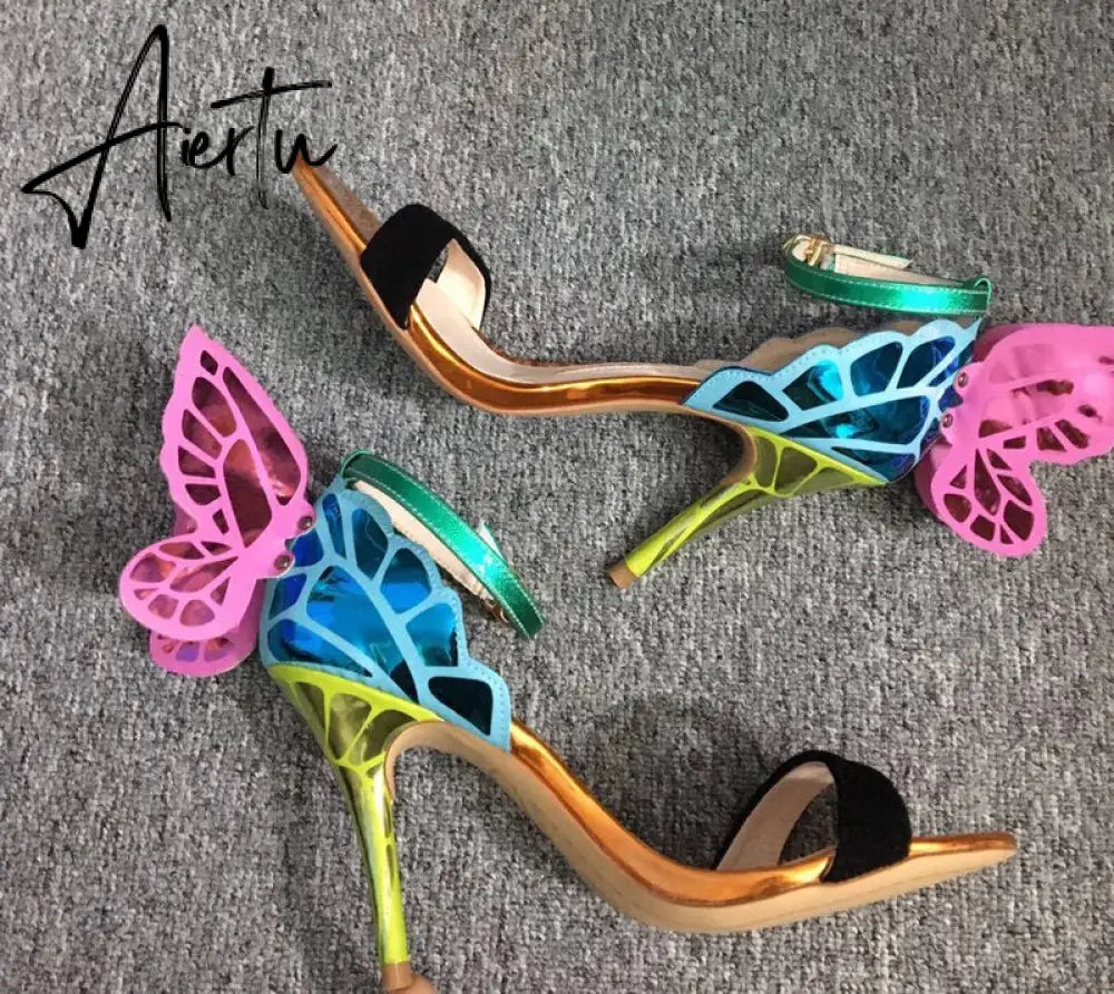 Aiertu Designer Shoes Women Luxury Buty Damskie Butterfly Heels Sandals Ladies Metallic Leather High Heel Dress Wedding Sandals Aiertu