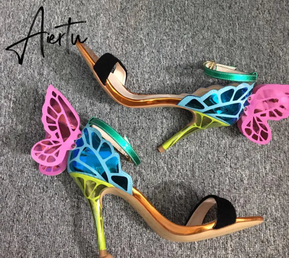 Aiertu Designer Shoes Women Luxury Buty Damskie Butterfly Heels Sandals Ladies Metallic Leather High Heel Dress Wedding Sandals Aiertu