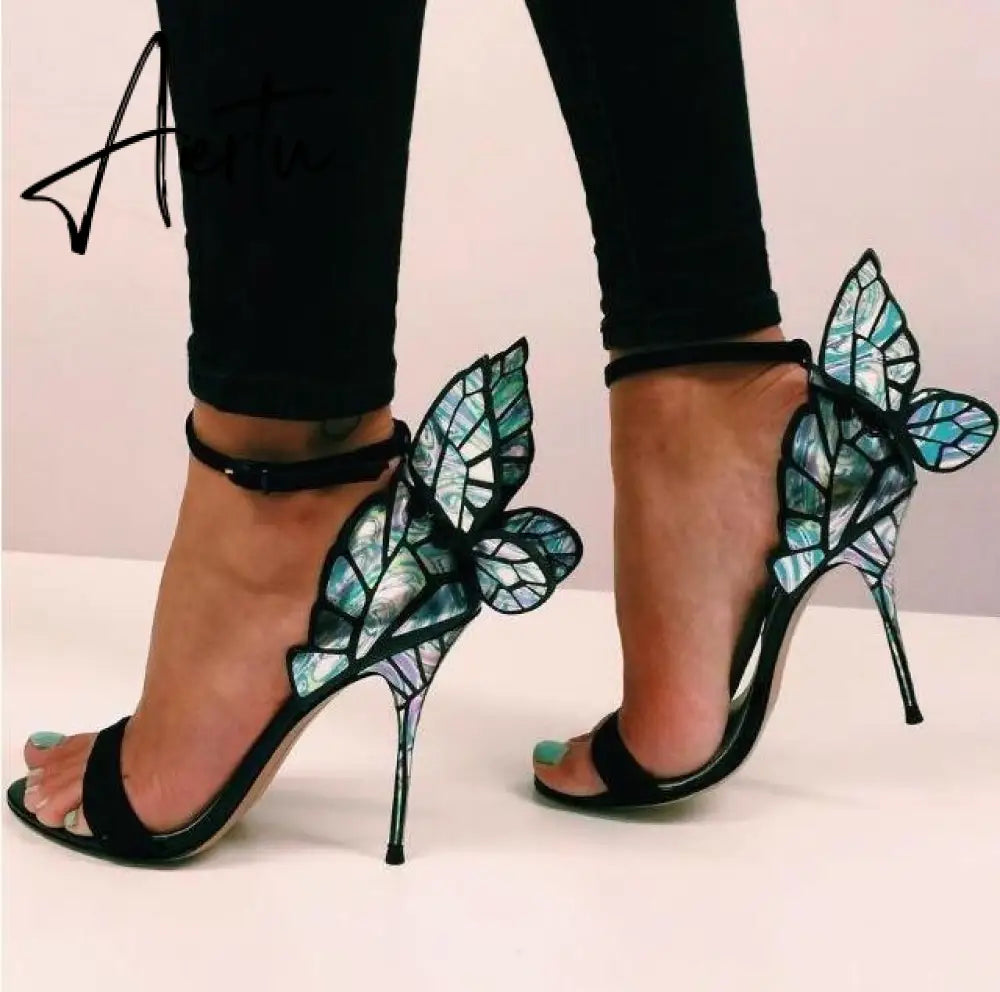 Aiertu Designer Shoes Women Luxury Buty Damskie Butterfly Heels Sandals Ladies Metallic Leather High Heel Dress Wedding Sandals Aiertu
