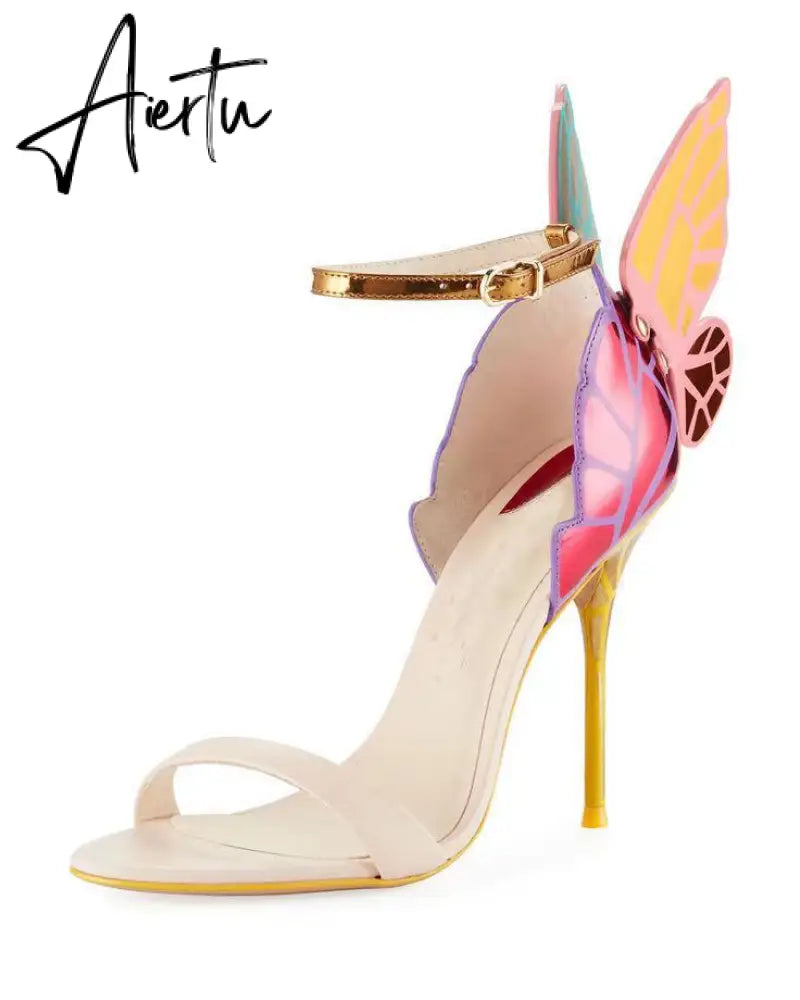 Aiertu Designer Shoes Women Luxury Buty Damskie Butterfly Heels Sandals Ladies Metallic Leather High Heel Dress Wedding Sandals Aiertu