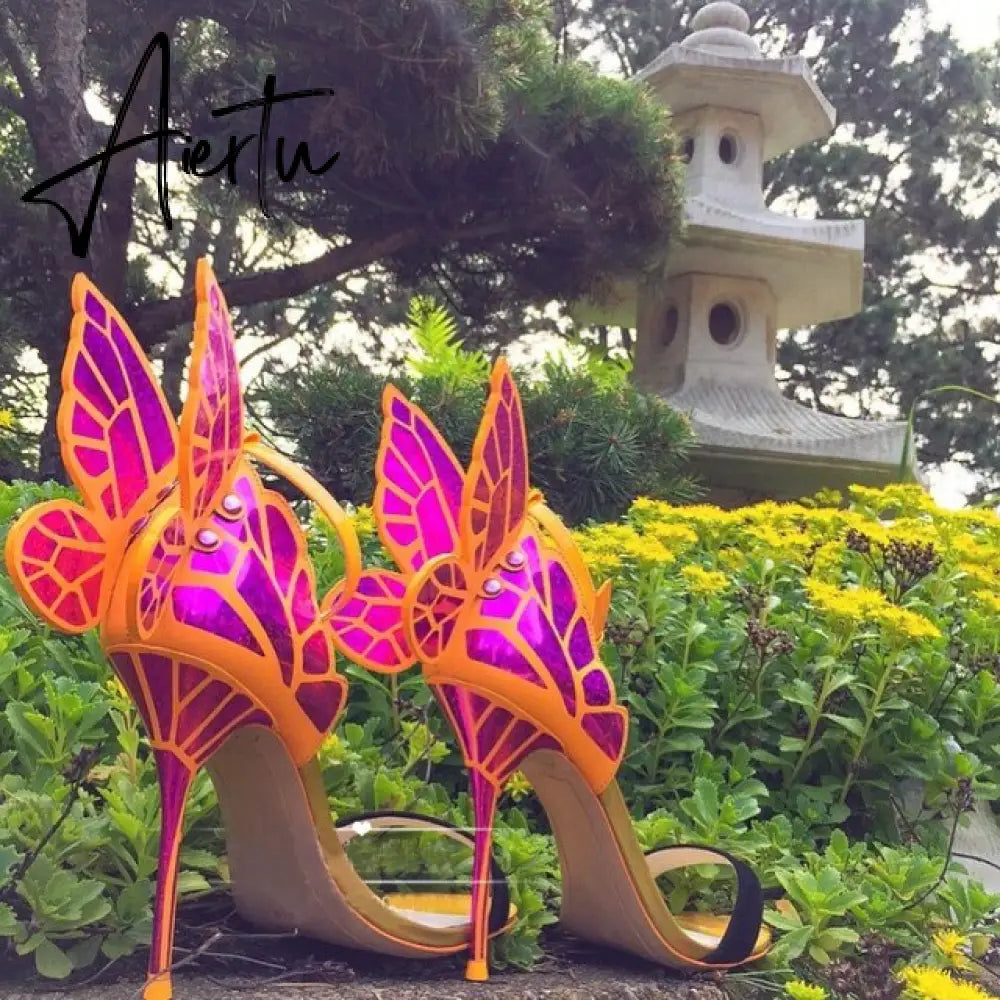 Aiertu Designer Shoes Women Luxury Buty Damskie Butterfly Heels Sandals Ladies Metallic Leather High Heel Dress Wedding Sandals Aiertu