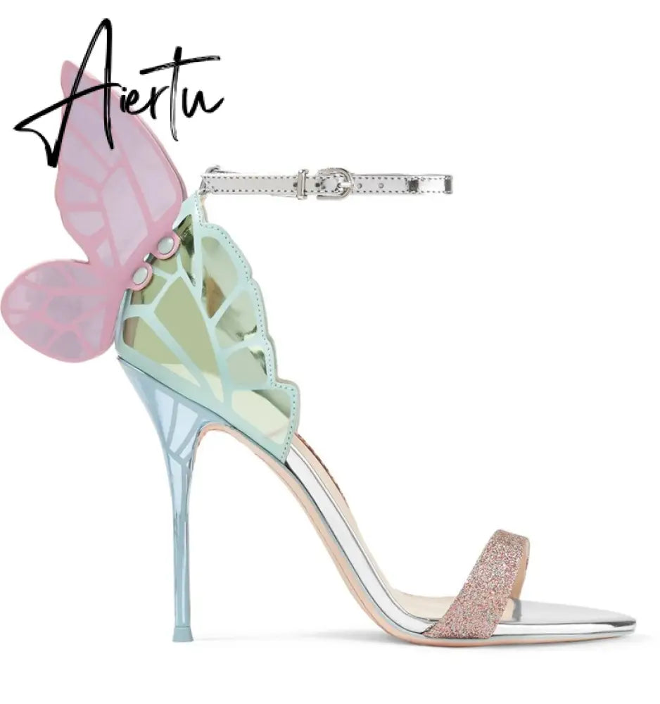 Aiertu Designer Shoes Women Luxury Buty Damskie Butterfly Heels Sandals Ladies Metallic Leather High Heel Dress Wedding Sandals Aiertu