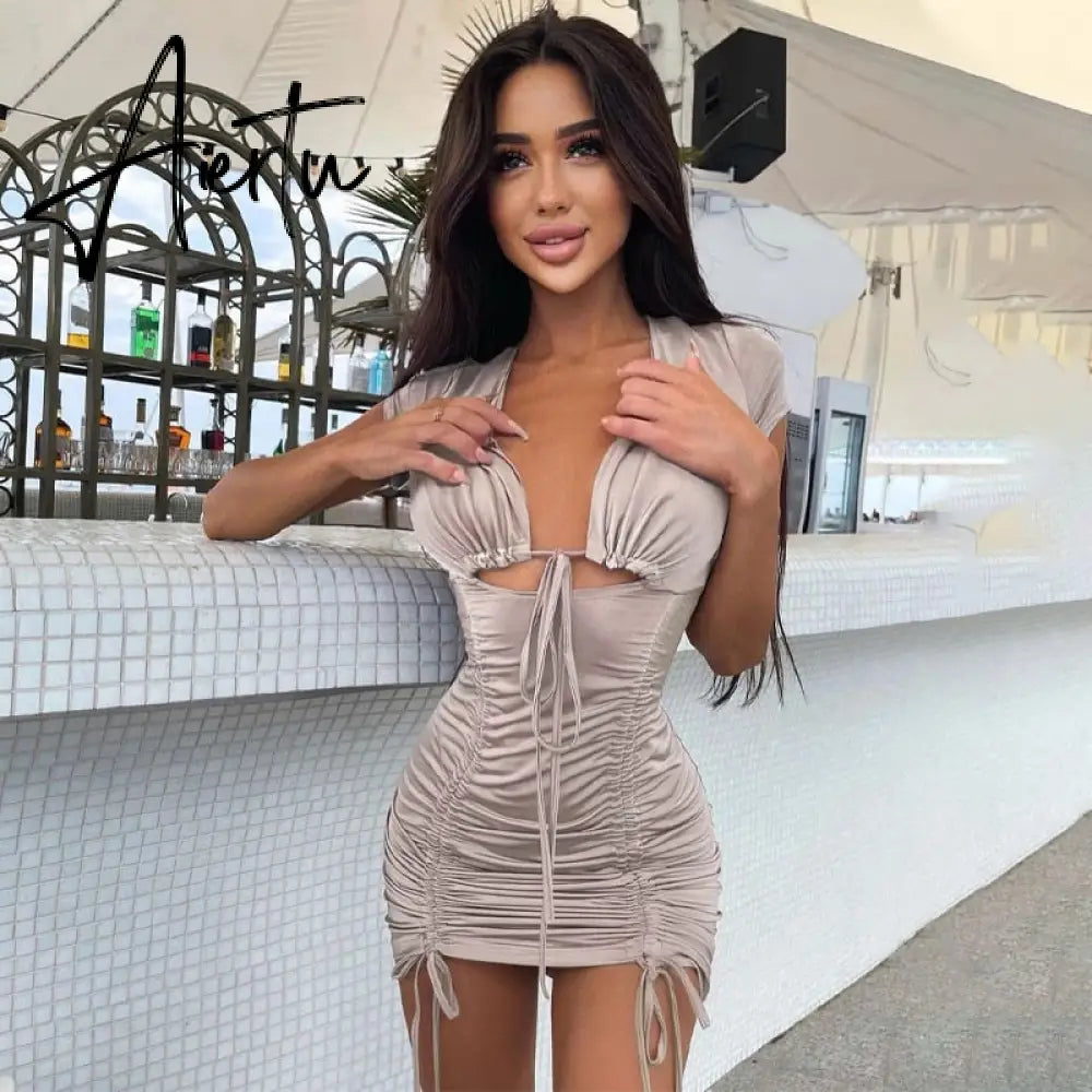 Aiertu Drawstring Bandage Sleeveless Backless Ruched Pleated Mini Dress Evening Party Sexy Slim Elegant Y2K Clothing Aiertu